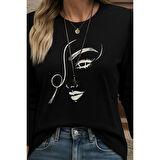 Lucky Life Kadın Uzun Kollu Bisiklet Yaka Yüz Desenli Viskon Bluz
