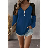 Lucky Life Kadın Uzun Kollu Yakadan Fermuarlı Viskon Bluz