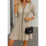 Lucky Life Kadın Uzun Kollu önden Fermuarlı Pileli şardonlu Kaşkorse Mini Elbise