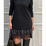 Lucky Life Kadın Uzun Kollu Bisiklet Yaka Etek Ucu Deri Dantelli Viskon Iki Iplik Midi Elbise