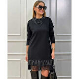 Lucky Life Kadın Uzun Kollu Bisiklet Yaka Etek Ucu Deri Dantelli Viskon Iki Iplik Midi Elbise