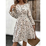 Lucky Life Lucky Life Kadın Uzun Kollu Bot Yaka Beli Lastikli Midi Süprem Elbise