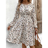 Lucky Life Lucky Life Kadın Uzun Kollu Bot Yaka Beli Lastikli Midi Süprem Elbise