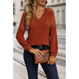 Lucky Life Kadın Uzun Kollu V Yakalı Dantelli Waffle Bluz