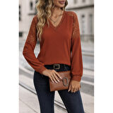 Lucky Life Kadın Uzun Kollu V Yakalı Dantelli Waffle Bluz