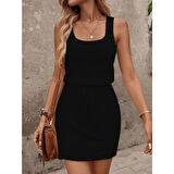 Lucky Life Kadın Askılı Kare Yakalı Belden Bağcıklı Triko Elbise