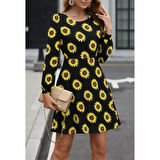 Lucky Life Kadın Uzun Kollu Bisiklet Yaka Desenli Kısa Krep Elbise