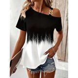 Lucky Life Kadın Tek Omuzdan Açık Askı Detaylı Desenli Süprem Bluz