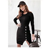 Lucky Life Kadın Siyah Uzun Kollu Bisiklet Yaka Yan Yırtmaç Düğme Detay Kısa Kaşkorse Elbise