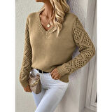 Lucky Life Kadın Uzun Kollu V Yaka Kol Delikli Baklava Desen Detaylı Triko Kazak