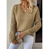 Lucky Life Kadın Uzun Kollu V Yaka Kol Delikli Baklava Desen Detaylı Triko Kazak