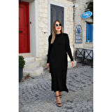 Lucky Life Kadın Uzun Kollu Yarı Balıkçı Yaka Arkadan Pencere Detaylı Bağcıklı Midi Triko Elbise