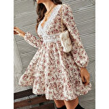 Lucky Life Lucky Life Kadın Uzun Kollu Dantel V Yakalı Mini Desenli Süprem Elbise