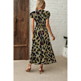 Lucky Life Kadın Kısa Kollu V Yakalı Desenli Yandan Yırtmaçlı Süprem Elbise