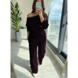 Lucky Life Kadın Uzun Kollu Tek Omuzdan Açık Modal Bluz Ve Pantolon Ikili Mürdüm Takım