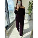Lucky Life Kadın Uzun Kollu Tek Omuzdan Açık Modal Bluz Ve Pantolon Ikili Mürdüm Takım