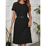 Lucky Life Kadın Kısa Kollu Bisiklet Yaka Dantel Detaylı Düğmeli Modal Elbise