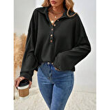 Lucky Life Kadın Uzun Kollu Yakalı Düğmeli Salaş Waffle Bluz