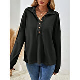 Lucky Life Kadın Uzun Kollu Yakalı Düğmeli Salaş Waffle Bluz