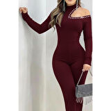 Lucky Life Kadın Tek Omuzdan Açık Balıkçı Yaka Taş Detaylı Uzun Ithal Krep Tulum