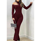 Lucky Life Kadın Tek Omuzdan Açık Balıkçı Yaka Taş Detaylı Uzun Ithal Krep Tulum