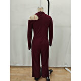 Lucky Life Kadın Tek Omuzdan Açık Balıkçı Yaka Taş Detaylı Uzun Ithal Krep Tulum