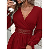 Lucky Life Kadın Uzun Kollu Kruvaze Yakalı Dantelli Fermuar Detaylı Mini Ithal Krep Elbise