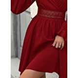 Lucky Life Kadın Uzun Kollu Kruvaze Yakalı Dantelli Fermuar Detaylı Mini Ithal Krep Elbise