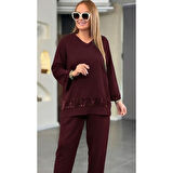 Lucky Life Kadın Uzun Kollu V Yakalı Pulpayet Viskon Iki Iplik Bluz Ve Pantolon Takım