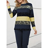 Lucky Life Kadın Uzun Kollu Bisiklet Yaka çizgili Desen Iki Iplik Bluz Ve Pantolon Ikili Takım