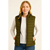 Lucky Life Kadın Şişme FermuarlıYelek Su Itici Kapitone Astarlı Kumaş Cepli Hafif Kışlık Spor Rahat Kalıp - Haki