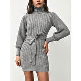 Lucky Life Kadın Uzun Kollu Balıkçı Yaka Beli Kuşaklı Mini Triko Elbise