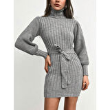 Lucky Life Kadın Uzun Kollu Balıkçı Yaka Beli Kuşaklı Mini Triko Elbise