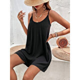 Lucky Life Kadın Ip Askılı Yuvarlak Yakalı Pileli Viskon Tulum