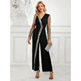 Lucky Life Kadın Uzun V Yakalı önden Pulpayet Detaylı Tüllü Uzun Ithal Krep Tulum