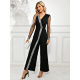 Lucky Life Kadın Uzun V Yakalı önden Pulpayet Detaylı Tüllü Uzun Ithal Krep Tulum