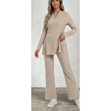 Lucky Life Kadın Uzun Kollu Bisiklet Yaka Yandan Yırtmaçlı şardonlu Kaşkorse Bluz Ve Pantolon Ikili Takım