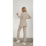 Lucky Life Kadın Uzun Kollu Bisiklet Yaka Yandan Yırtmaçlı şardonlu Kaşkorse Bluz Ve Pantolon Ikili Takım