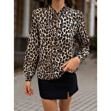 Lucky Life Kadın Uzun Kollu Yakadan Bağcıklı Leopar Desenli Süprem Bluz