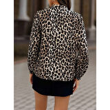 Lucky Life Kadın Uzun Kollu Yakadan Bağcıklı Leopar Desenli Süprem Bluz
