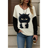 Lucky Life Kadın Uzun Kollu V Yakalı Kedi Baskılı şardonlu Dalgıç Bluz