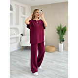 Lucky Life Kadın Kısa Kollu Kayık Yakalı Dikiş Izi Detaylı Viskon Iki Iplik Bluz Ve Pantolon Ikili Takım