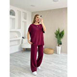 Lucky Life Kadın Kısa Kollu Kayık Yakalı Dikiş Izi Detaylı Viskon Iki Iplik Bluz Ve Pantolon Ikili Takım