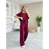 Lucky Life Kadın Kısa Kollu Kayık Yakalı Dikiş Izi Detaylı Viskon Iki Iplik Bluz Ve Pantolon Ikili Takım