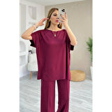 Lucky Life Kadın Kısa Kollu Kayık Yakalı Dikiş Izi Detaylı Viskon Iki Iplik Bluz Ve Pantolon Ikili Takım