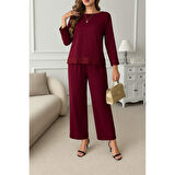 Lucky Life Kadın Uzun Kollu Bisiklet Yaka Pulpayetli Viskon Iki Iplik Bluz Ve Pantolon Ikili Takım