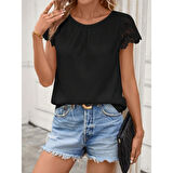 Lucky Life Kadın Kısa Dantel Kollu Bisiklet Yaka Sandy Bluz