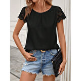 Lucky Life Kadın Kısa Dantel Kollu Bisiklet Yaka Sandy Bluz