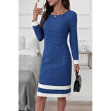 Lucky Life Kadın Uzun Kollu Yuvarlak Yaka Etek Ucu şerit Detaylı Mini Dokuma Elbise