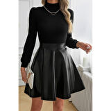 Lucky Life Kadın Uzun Kollu Balıkçı Yaka üst Kaşkorse Alt Deri Detaylı Mini Elbise